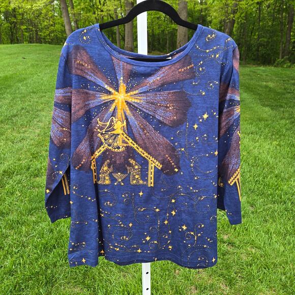 NWOT Collections Etc Top Nativity Stars Navy Long Sleeve Sequins Christmas XL - Picture 1 of 16
